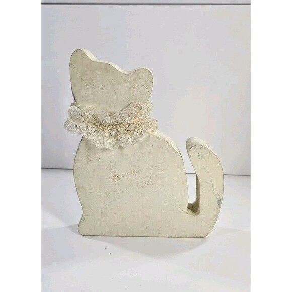 Vtg Wood Primitive Country Kitty Cat Floral Bow Farmhouse Shabby Chic Cottage - Picture 6 of 12